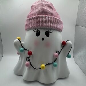 Ghost Decor with Pink Hat and Colorful Lights